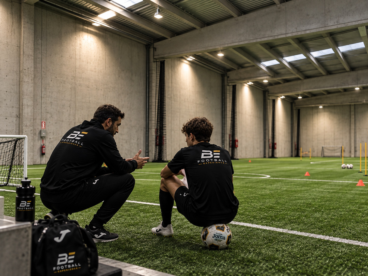 Entrenador y futbolista de BE Football Experience trabajando de forma personalizada en las instalaciones de NEXT